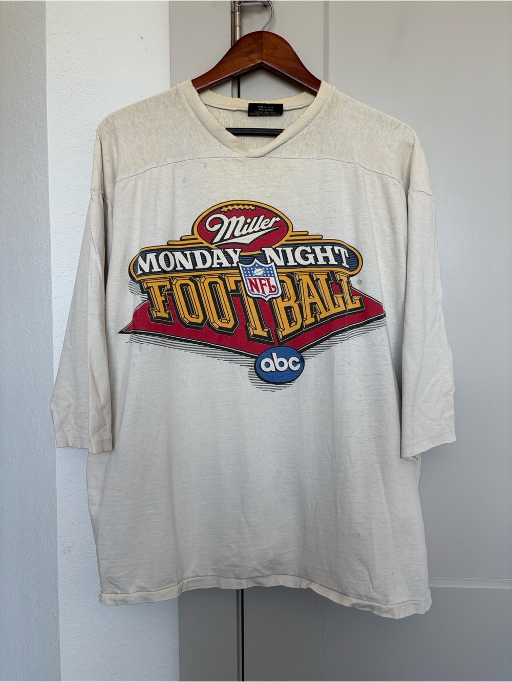 VINTAGE 90S ABC MILLER MONDAY NIGHT FOOTBALL GRAPHIC 3/4 SLEEVE MENS LARGE